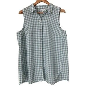 J. Jill Womens L Sleeveless Button Down Top Linen Blend Gauze Textured Gingham